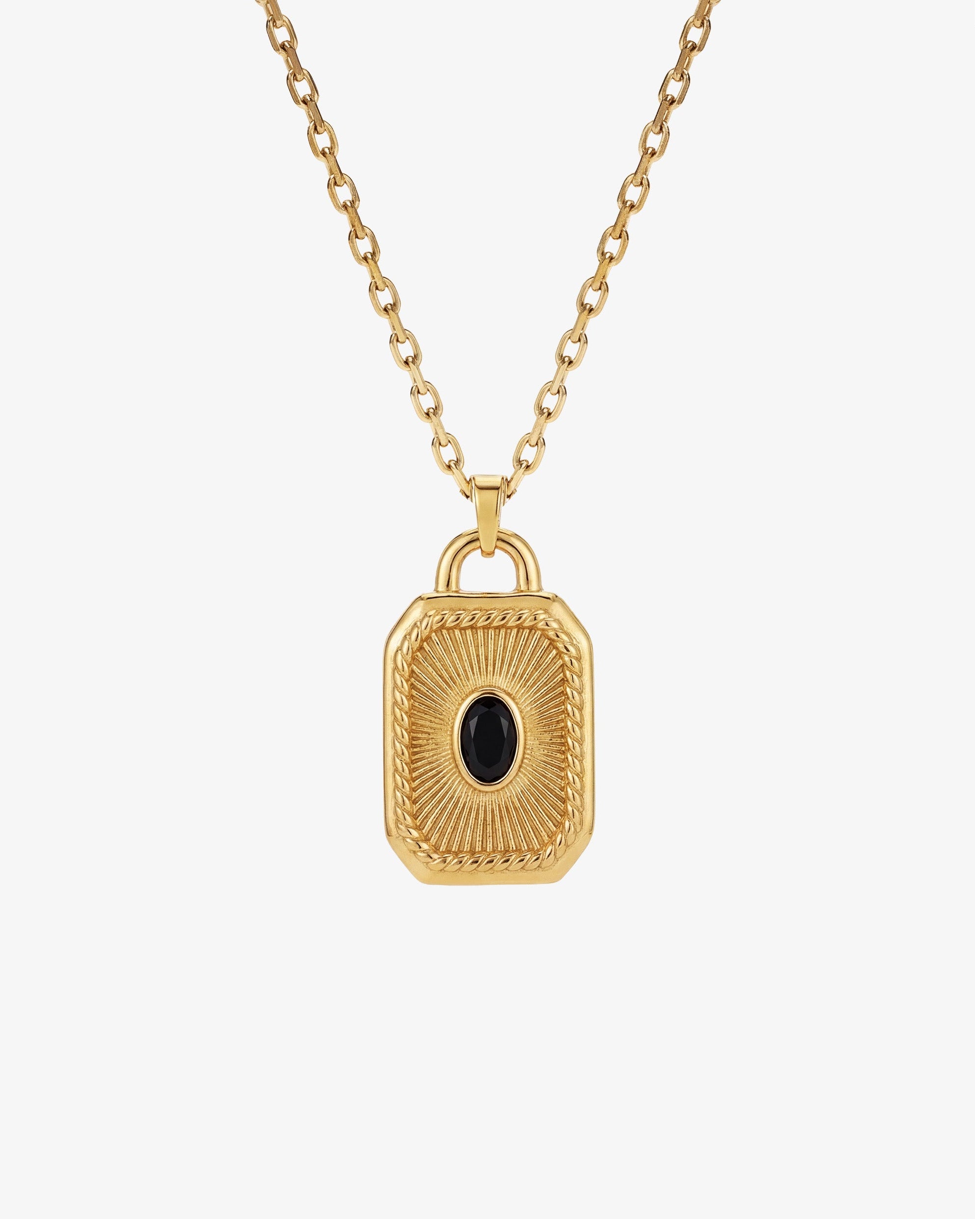 Gold necklace with a rectangular padlock pendant and a central black gemstone