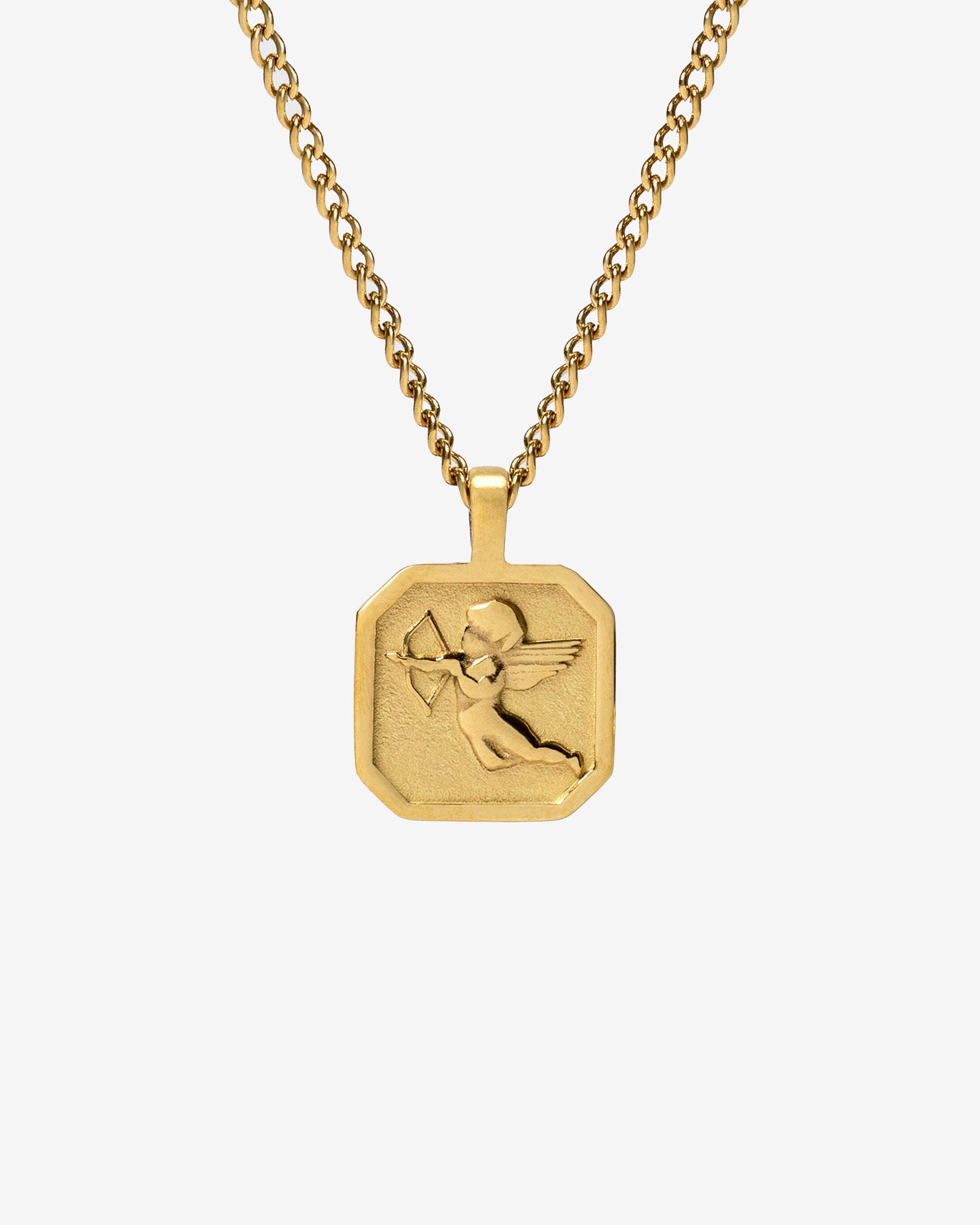 Gold Savior Necklace with hexagonal pendant showing Cupid in relief