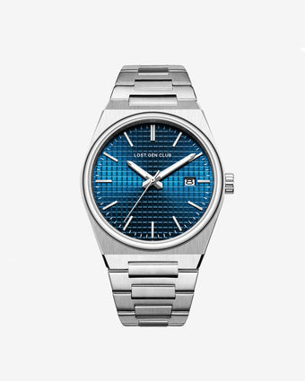 Auren watch with stainless steel bracelet and blue textured dial with date window
