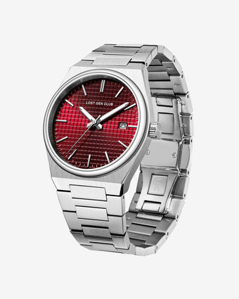 Rear view of a silver stainless steel AUREN watch showing the case back and bracelet links.