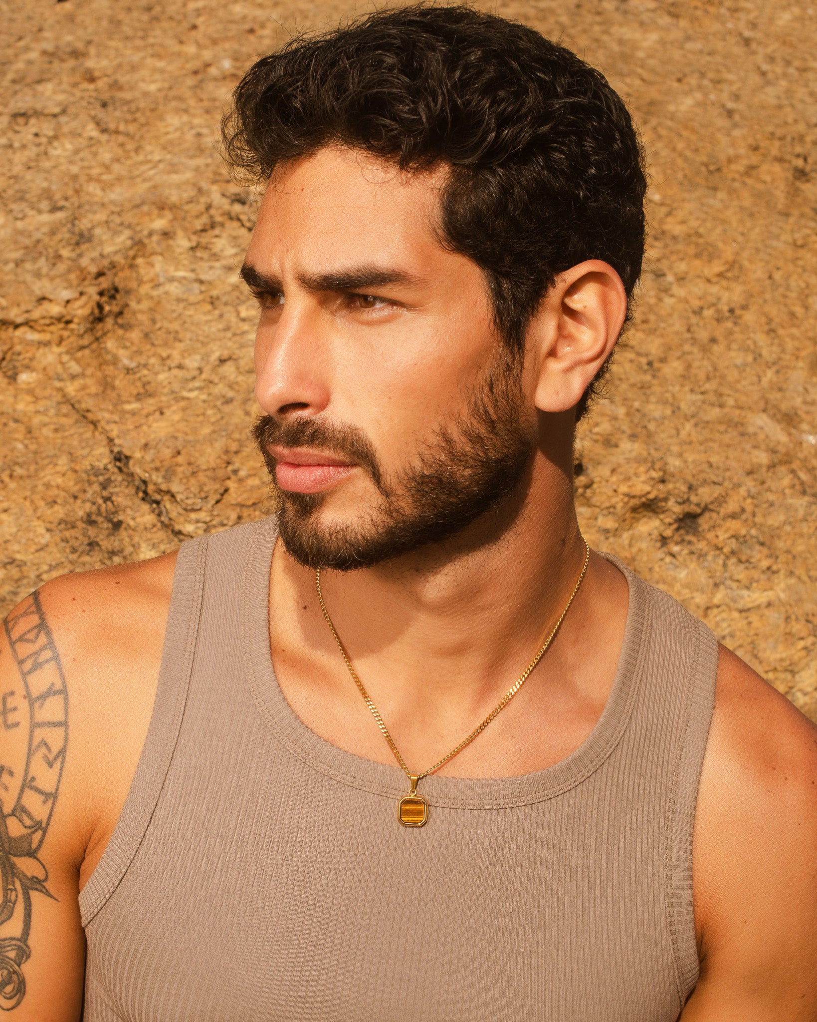 Side profile of a man wearing a slim gold Nova necklace against a rocky background