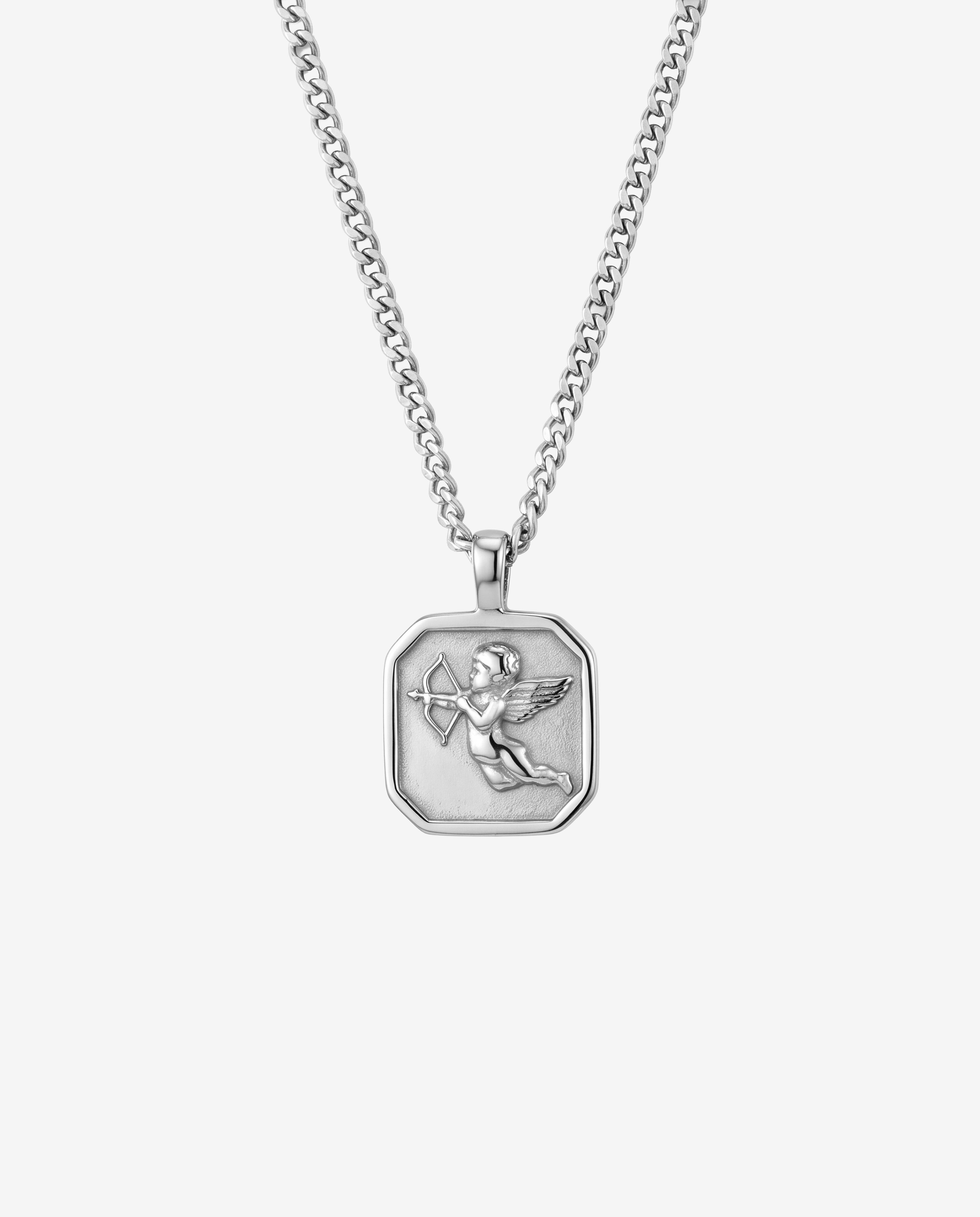 Savior silver necklace with a thick chain and octagonal pendant on a white background