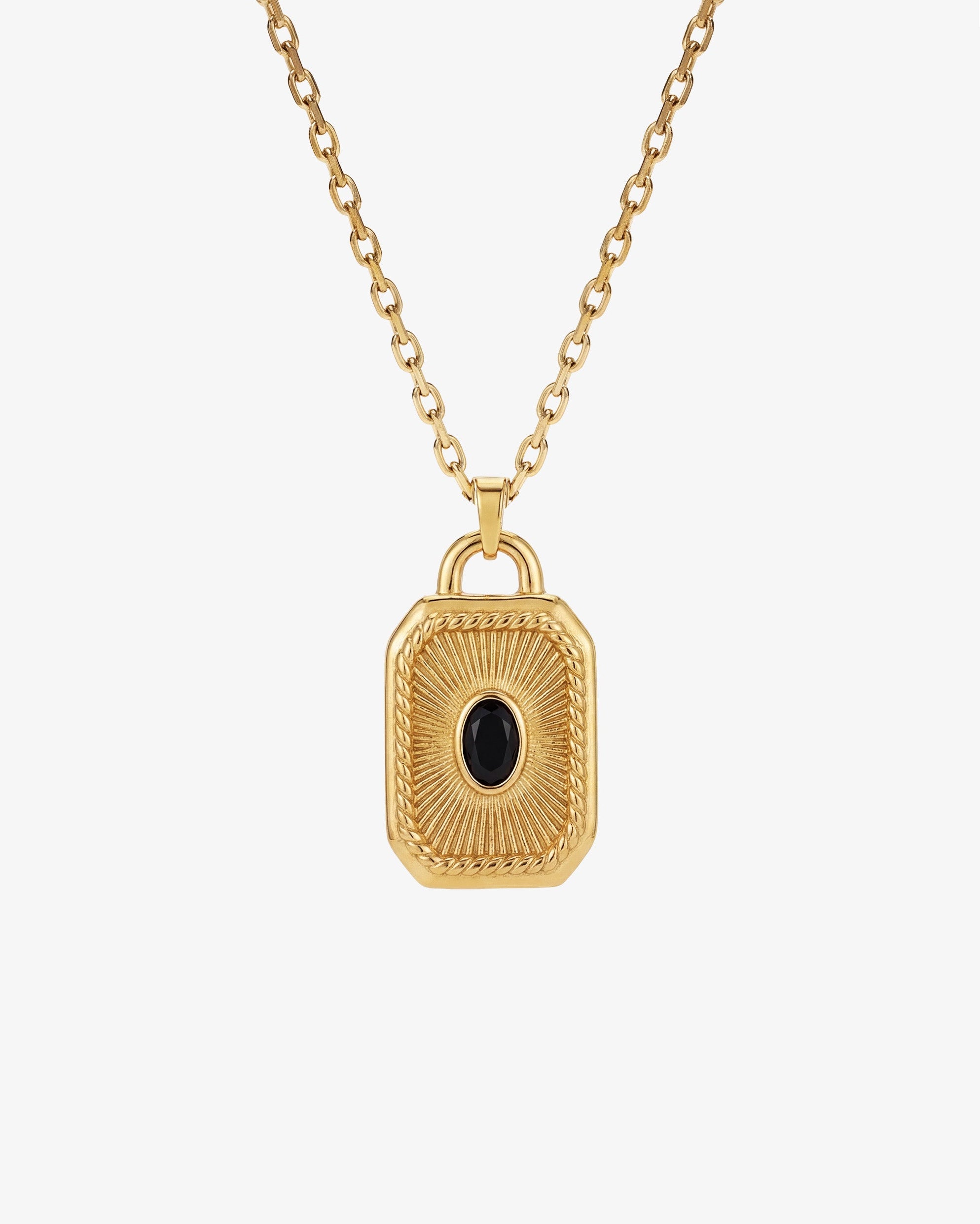 Gold necklace with a rectangular padlock pendant and a central black gemstone