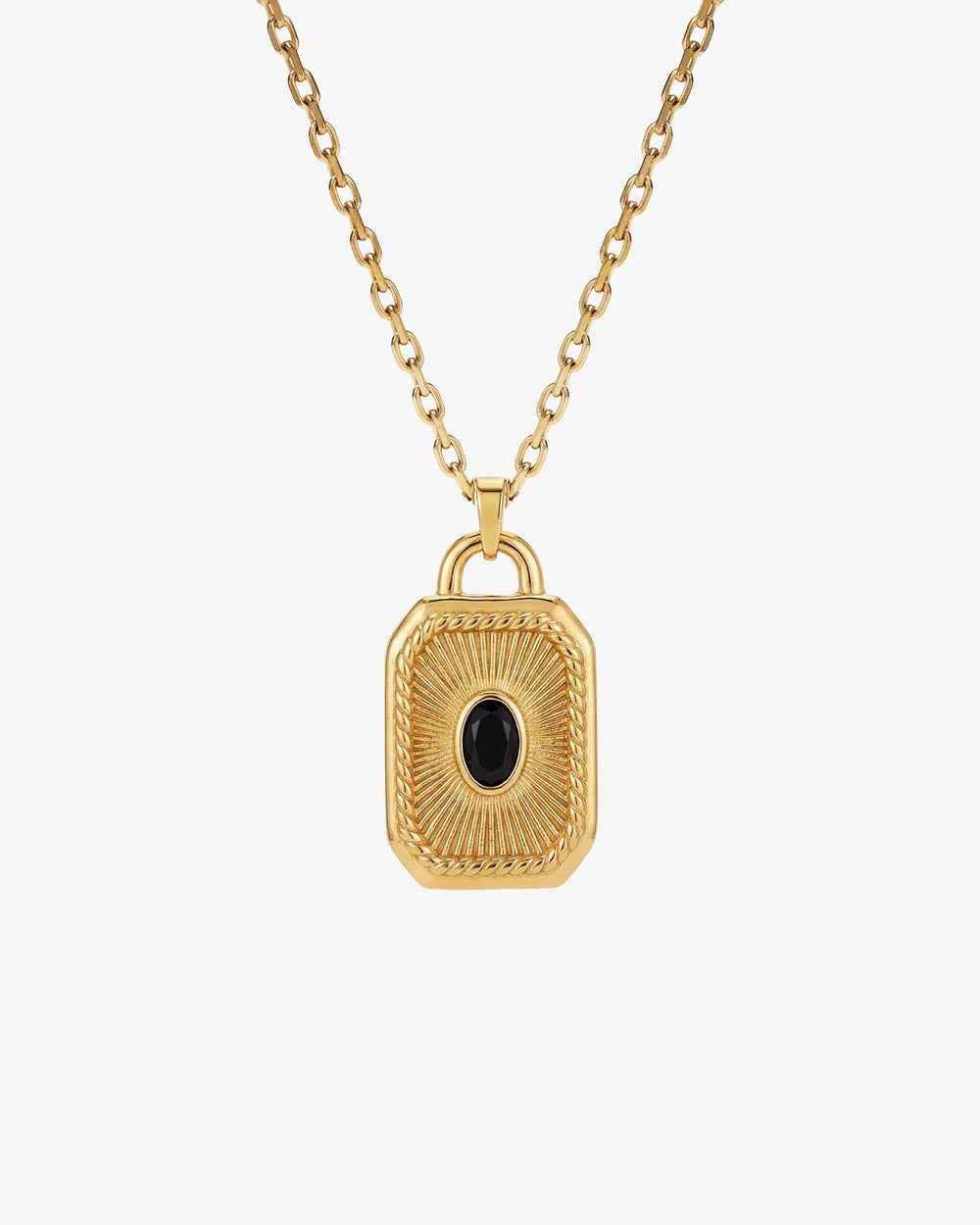 Gold necklace with a rectangular padlock pendant and a central black gemstone