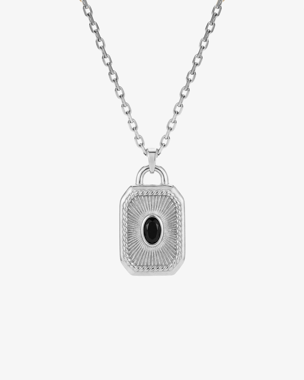 Silver necklace with a four loop clover style pendant and a central black gemstone
