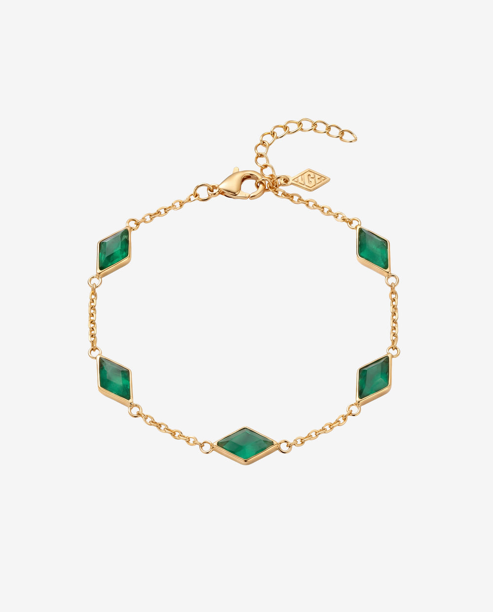 Amberes gold bracelet with emerald green diamond shaped stones in gold frames on an adjustable chain