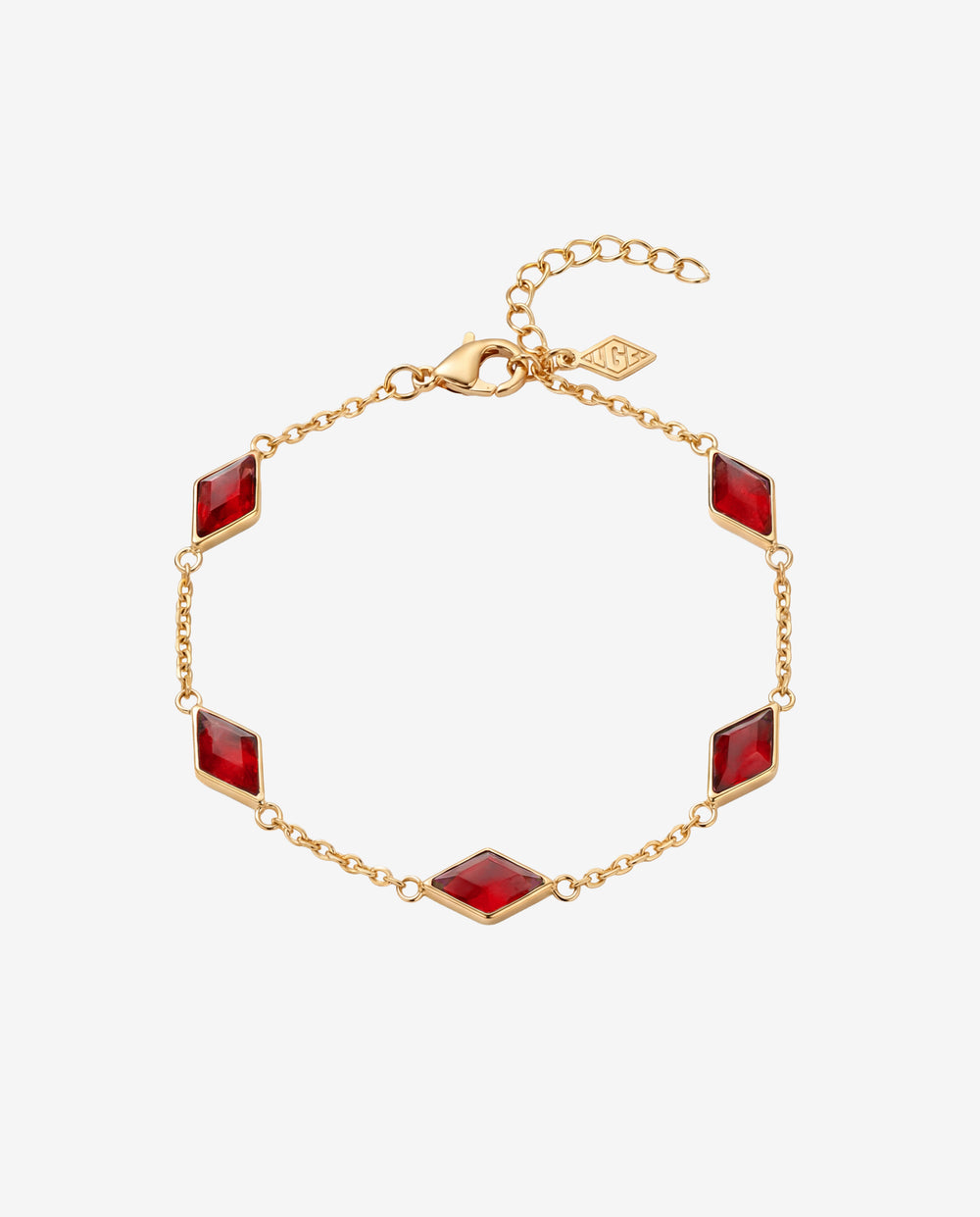 Amberes gold bracelet with red square gemstone on a delicate chain and adjustable clasp