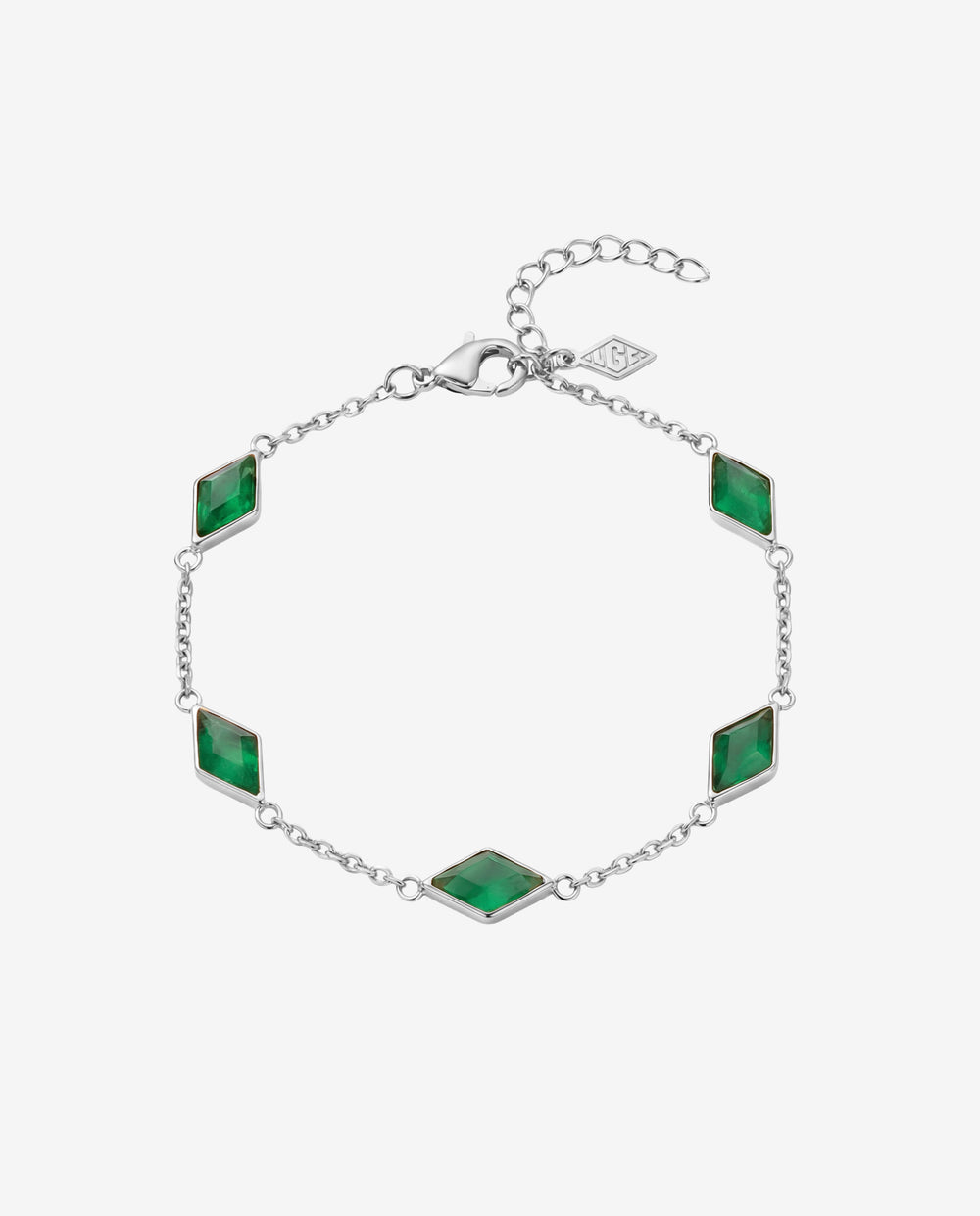 Amberes Silver Bracelet with emerald green square stones along a delicate silver chain adjustable length