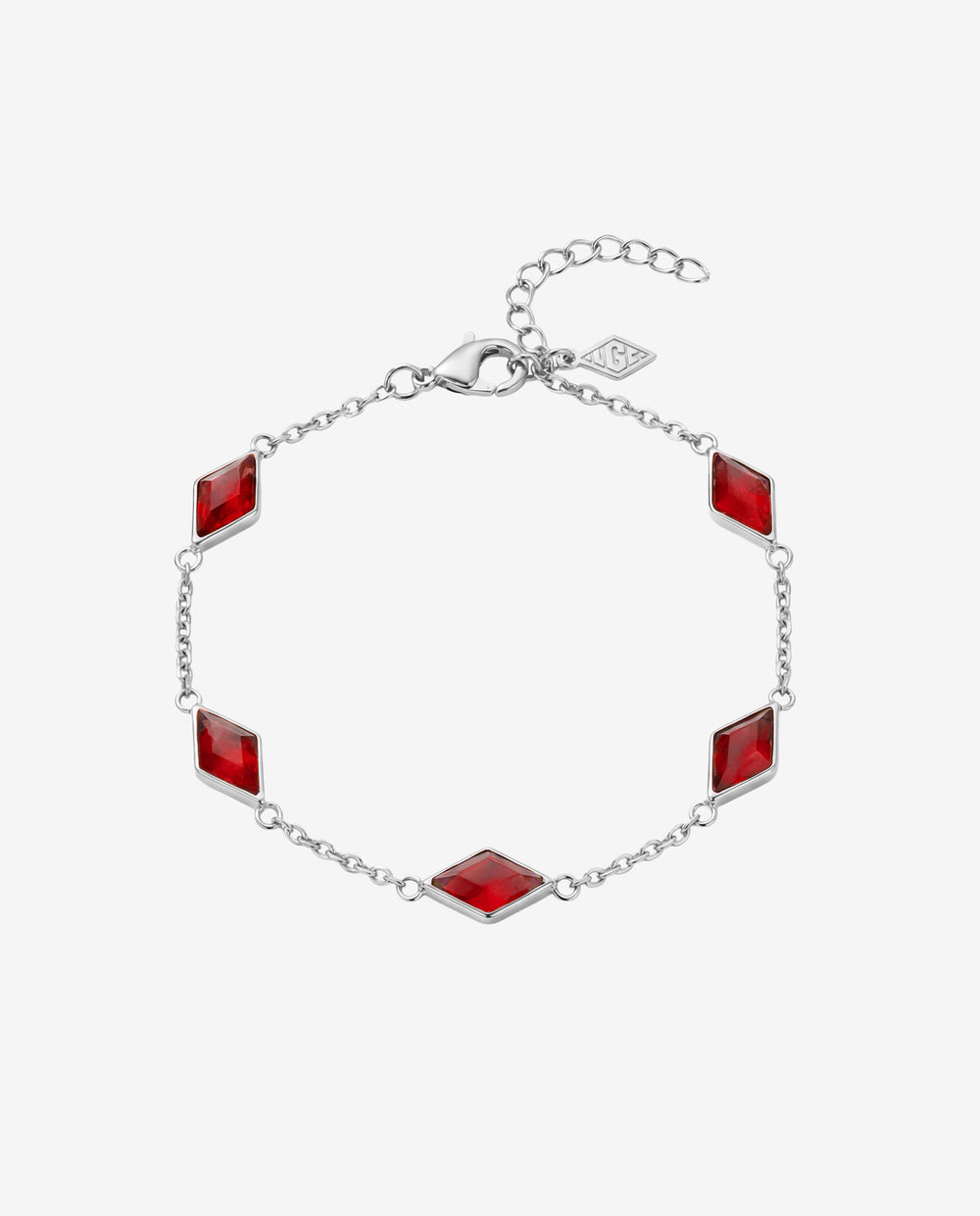 Amberes silver bracelet with square red gemstones set along a delicate chain formed into a circular display