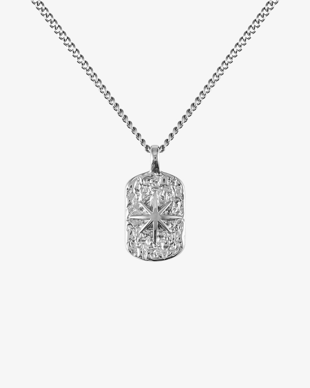 IBZ Silver Necklace with a long curb chain and a rectangular crystal pendant featuring a starburst design