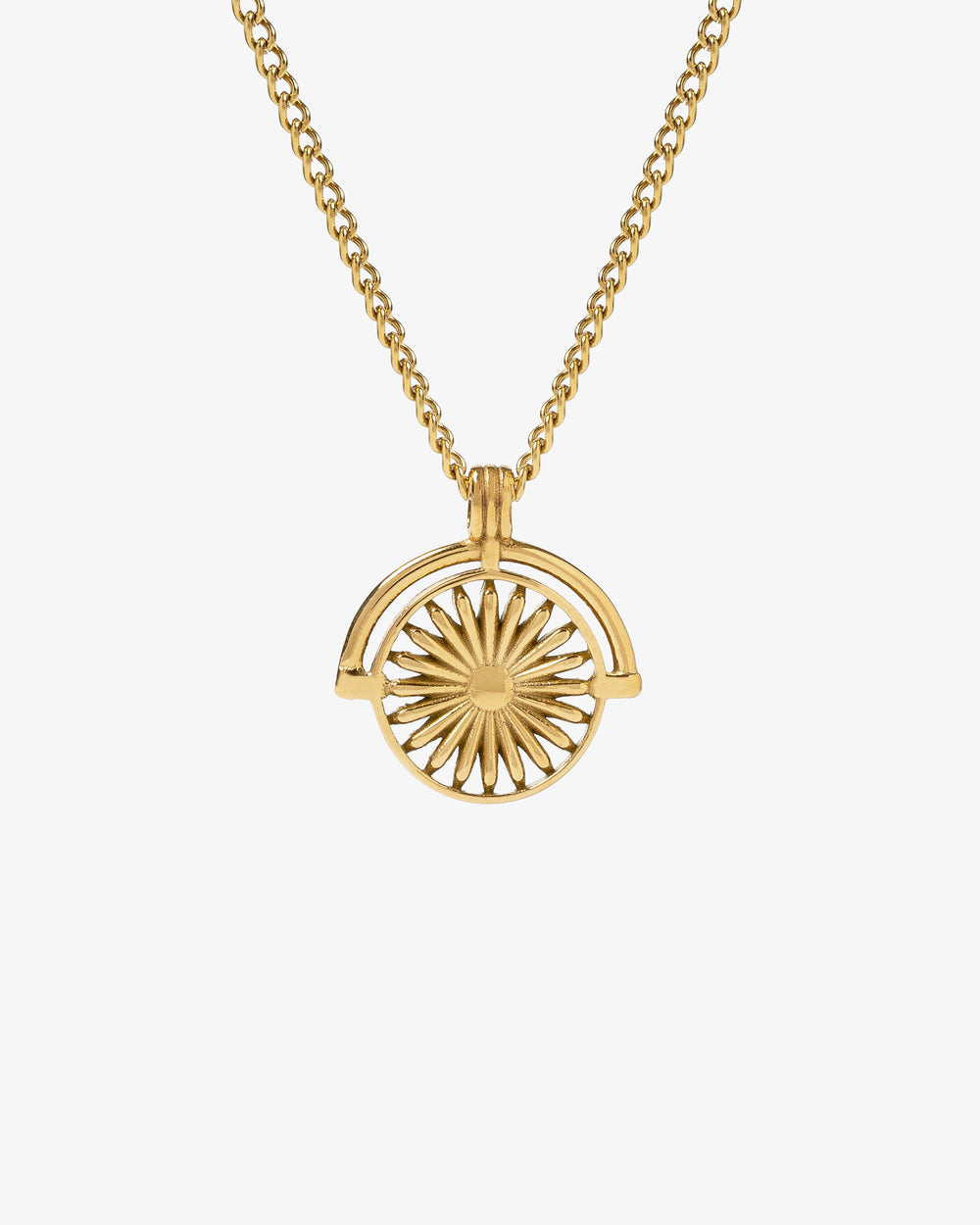 Gold Daisy necklace with sunburst pendant on a gold chain worn by a man.