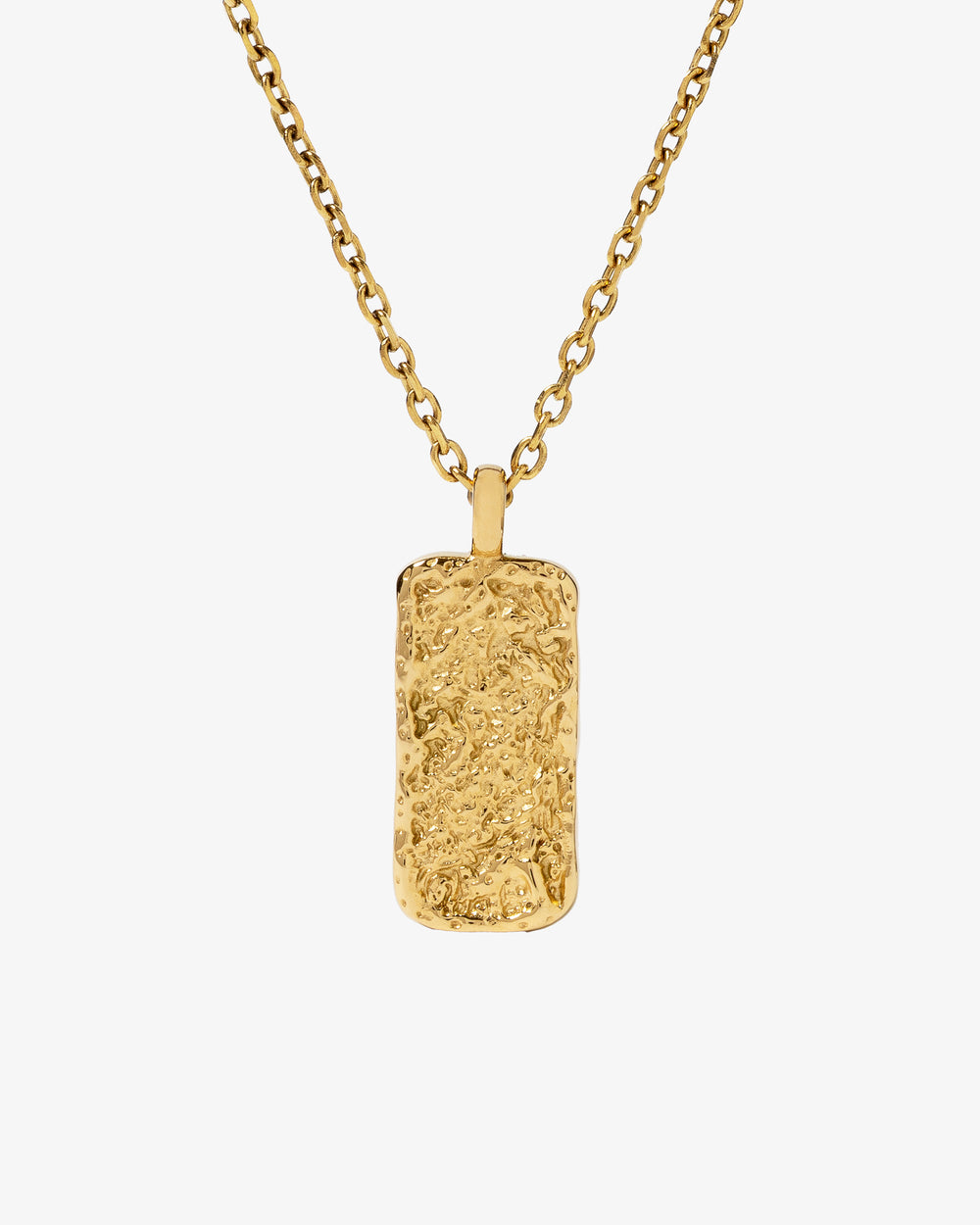 Moonrock gold necklace with hammered rectangular pendant on a 50 cm chain with 5 cm extender