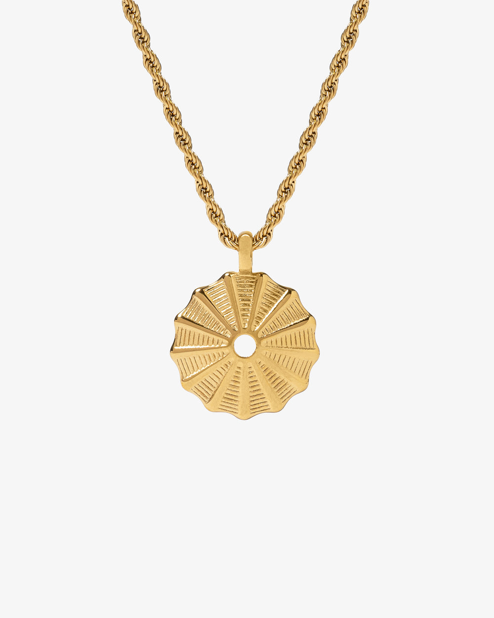 Gold rope chain necklace with a round sunburst pendant against a white background.