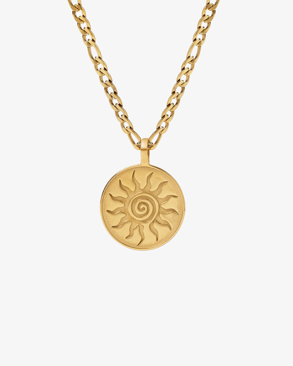 Gold energy necklace featuring a sun medallion pendant on a thick gold chain.