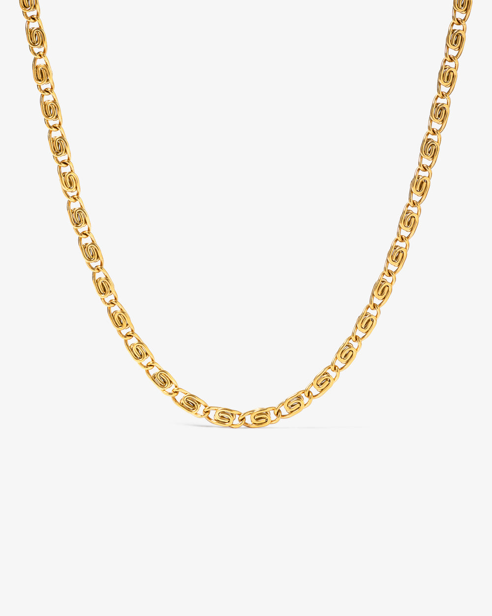 Gold chain necklace close-up on a white background showing bold interlocking links