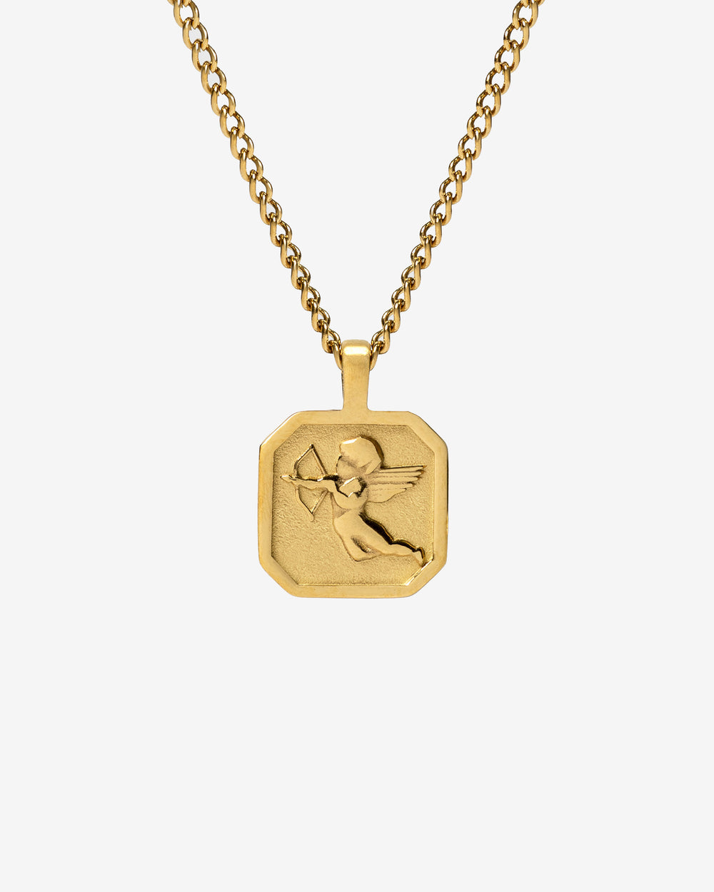 Gold Savior Necklace with hexagonal pendant showing Cupid in relief