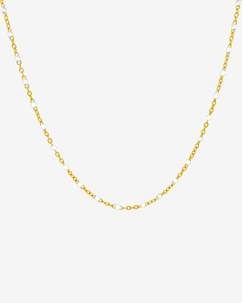 GEM GOLD CHAIN gold necklace with white beads on a clean white background