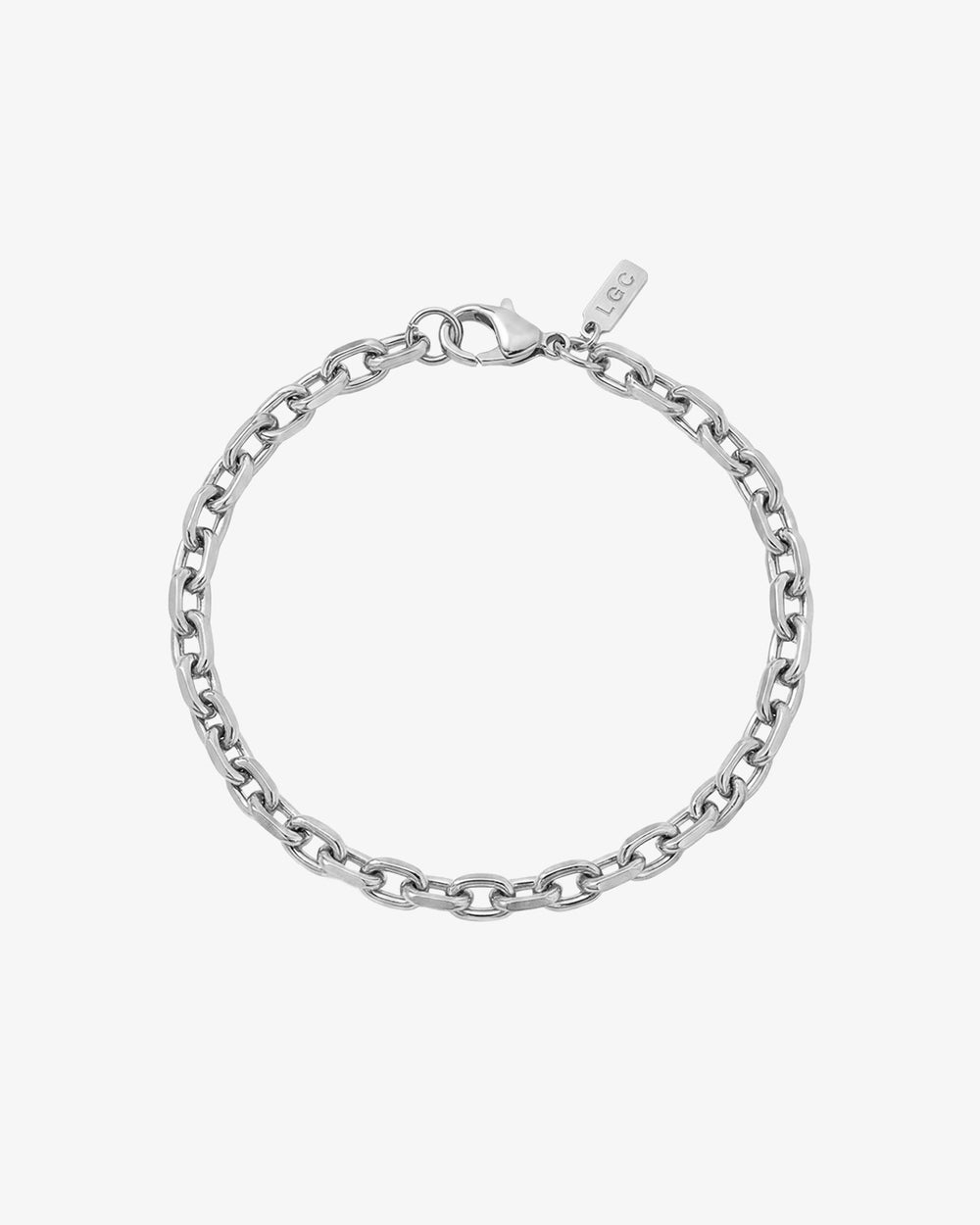 Silver anchor link bracelet with a lobster clasp and small branding tag