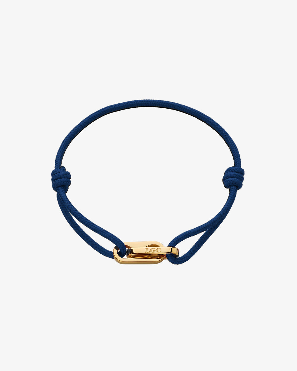 Atlantis Gold Bracelet with a blue braided cord and gold clasp on white background