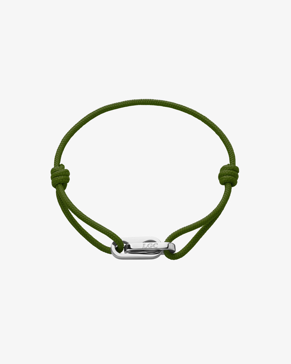 Atlantis Silberarmband mit olivgrüner Kordel, verstellbaren Schiebeknoten und silbernem Verschluss mit LGC Gravur