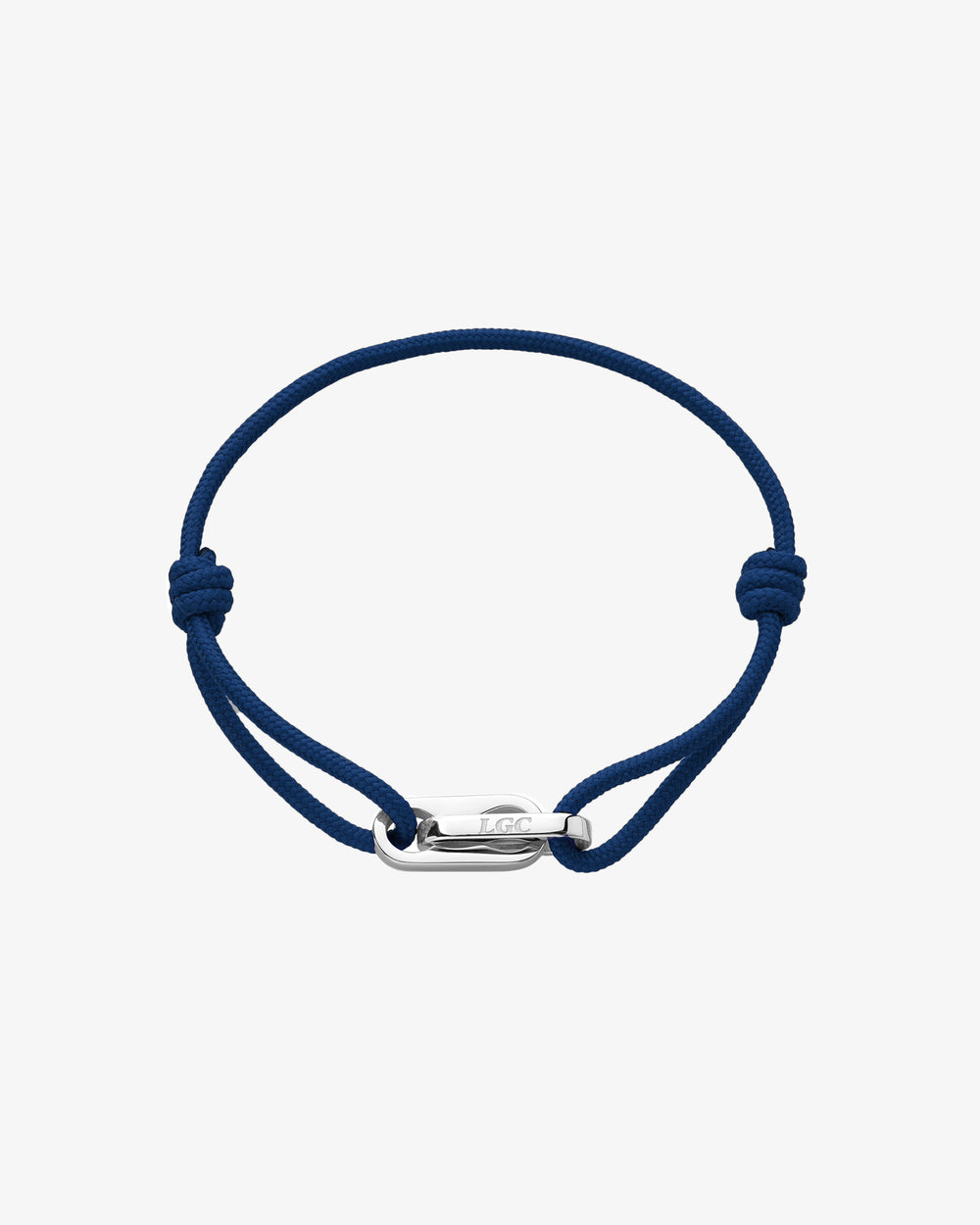 Atlantis silver bracelet on blue cord with adjustable clasp worn on the wrist