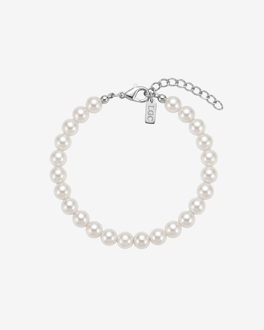 Bellagio pearl silver bracelet with white shell pearls and a lobster clasp on a white background.