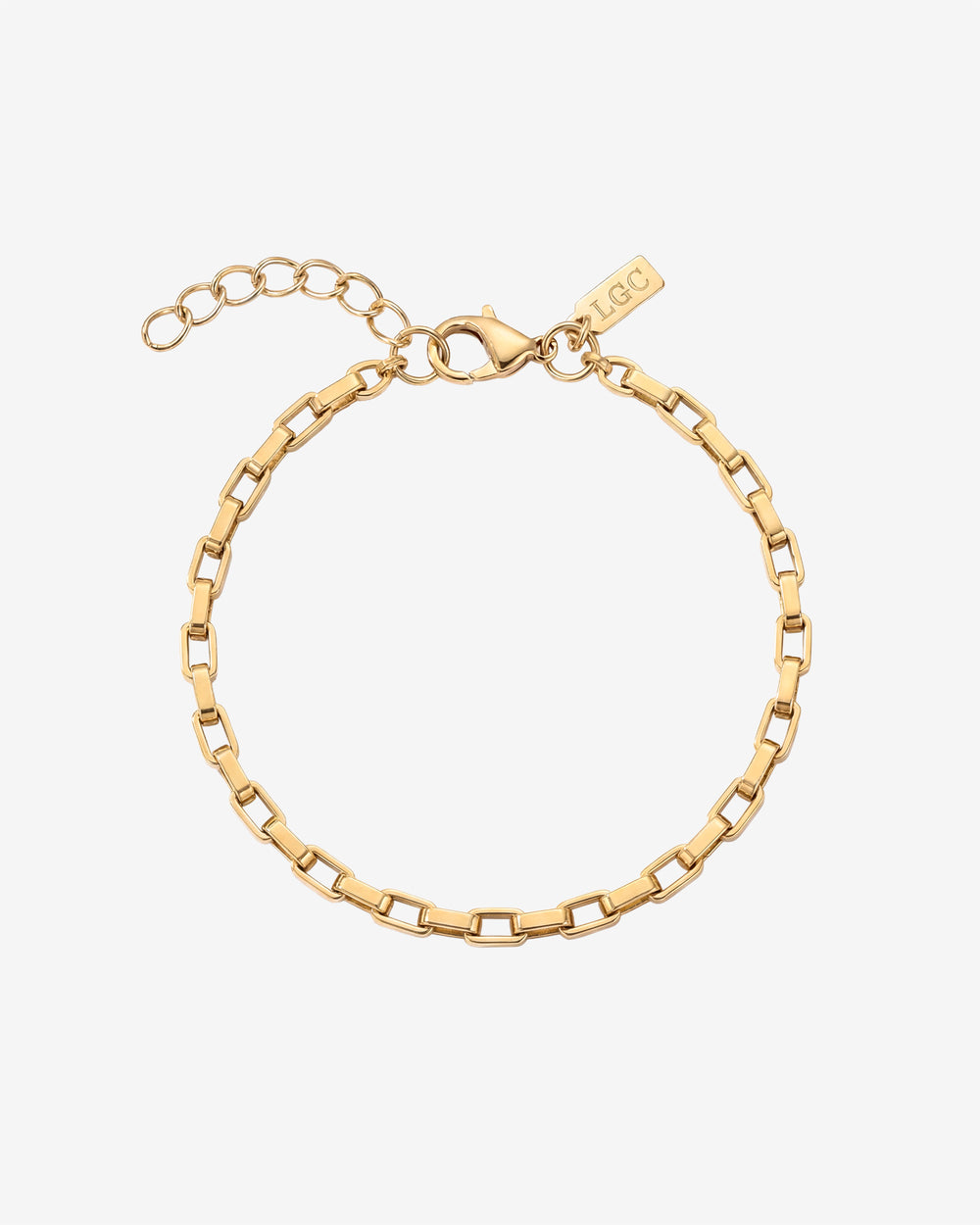 Capri Gold bracelet close-up with a lobster clasp and LGC tag