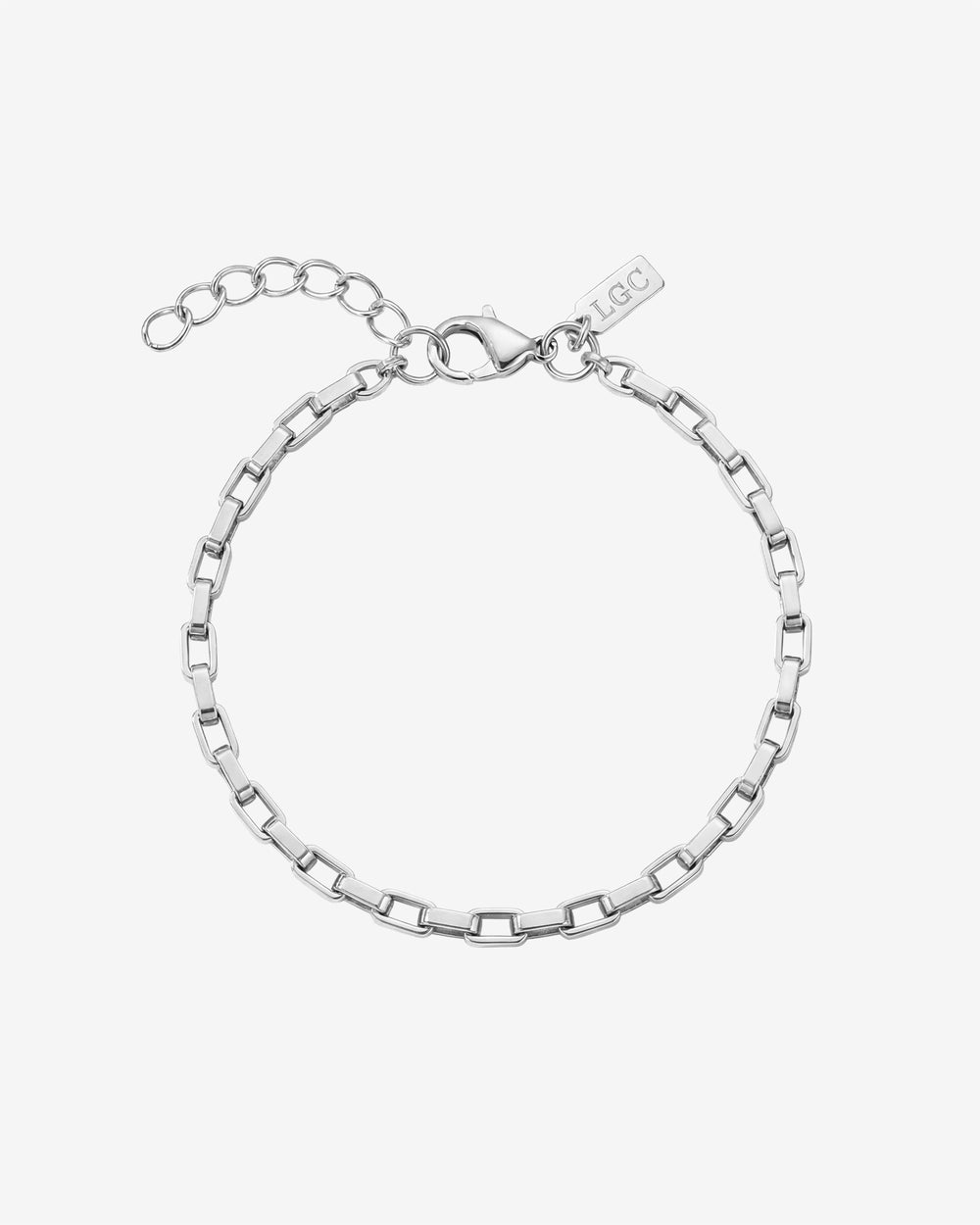 Close-up of silver Capri bracelet on a wrist with rectangular links and a clasp.