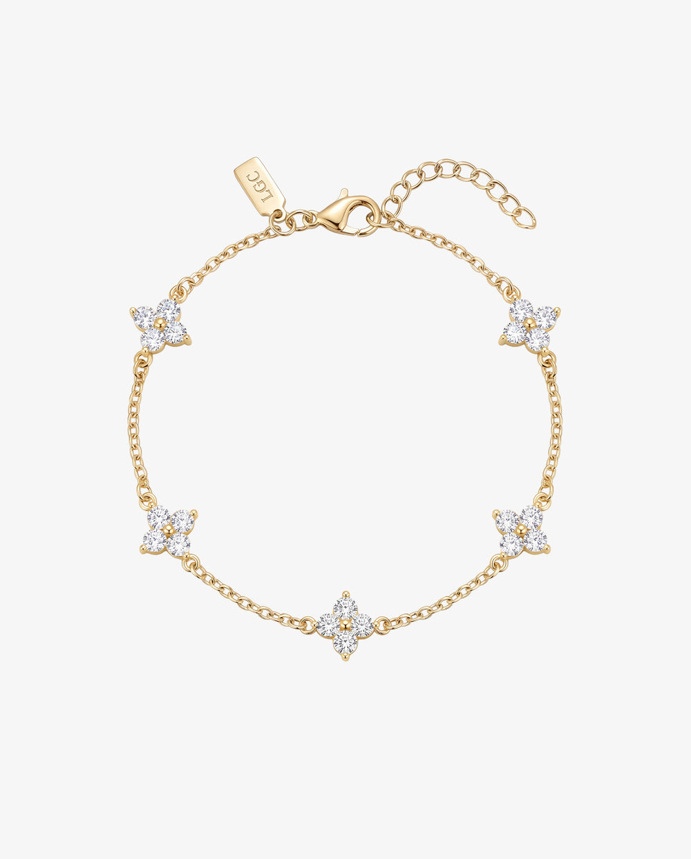 Gold Clover bracelet featuring a four leaf flower of crystals on a delicate chain with a lobster clasp