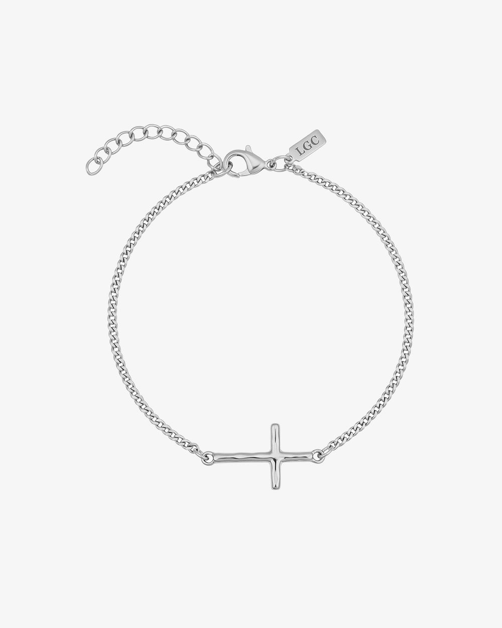 Silver cross bracelet with a slender curb chain and adjustable extender