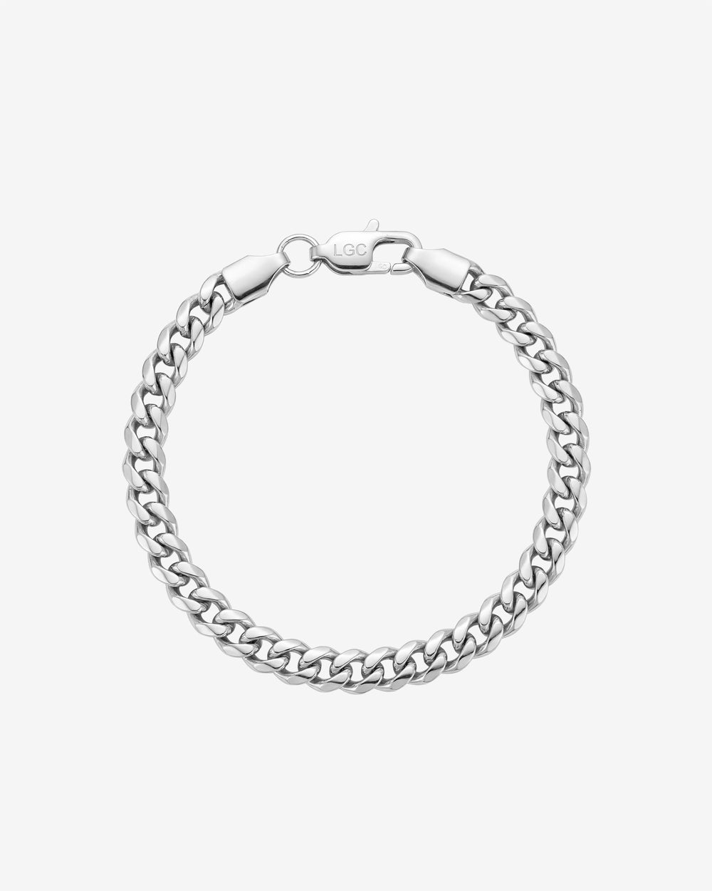 Close-up of Cuban silver bracelet with a lobster clasp showing LGC engraving