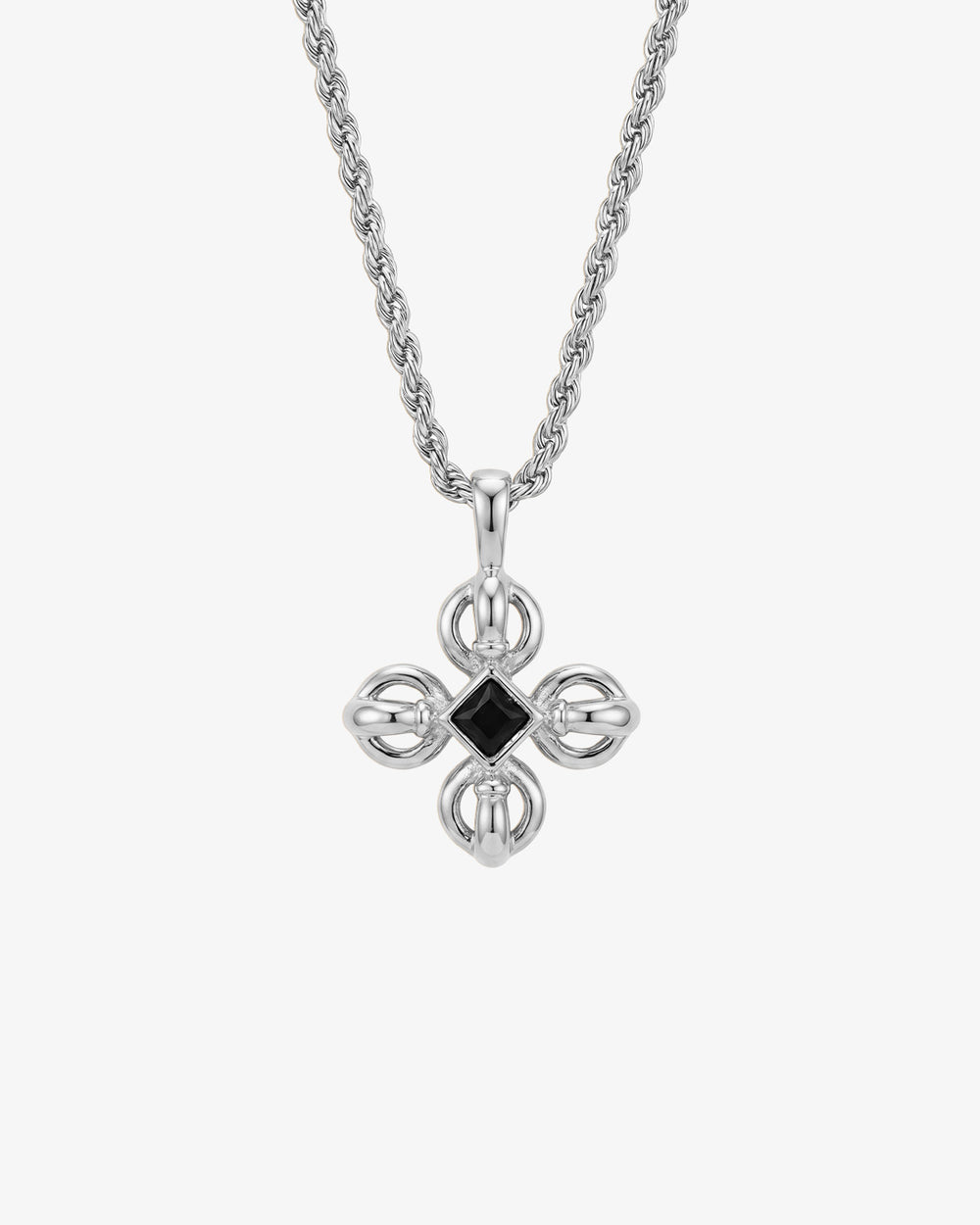 Silver chain necklace with a cross pendant featuring a central black gemstone