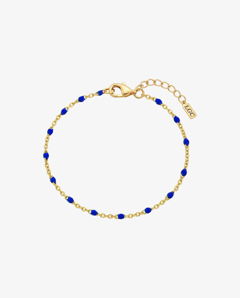 Gem gold bracelet with blue beads spaced along a delicate gold chain