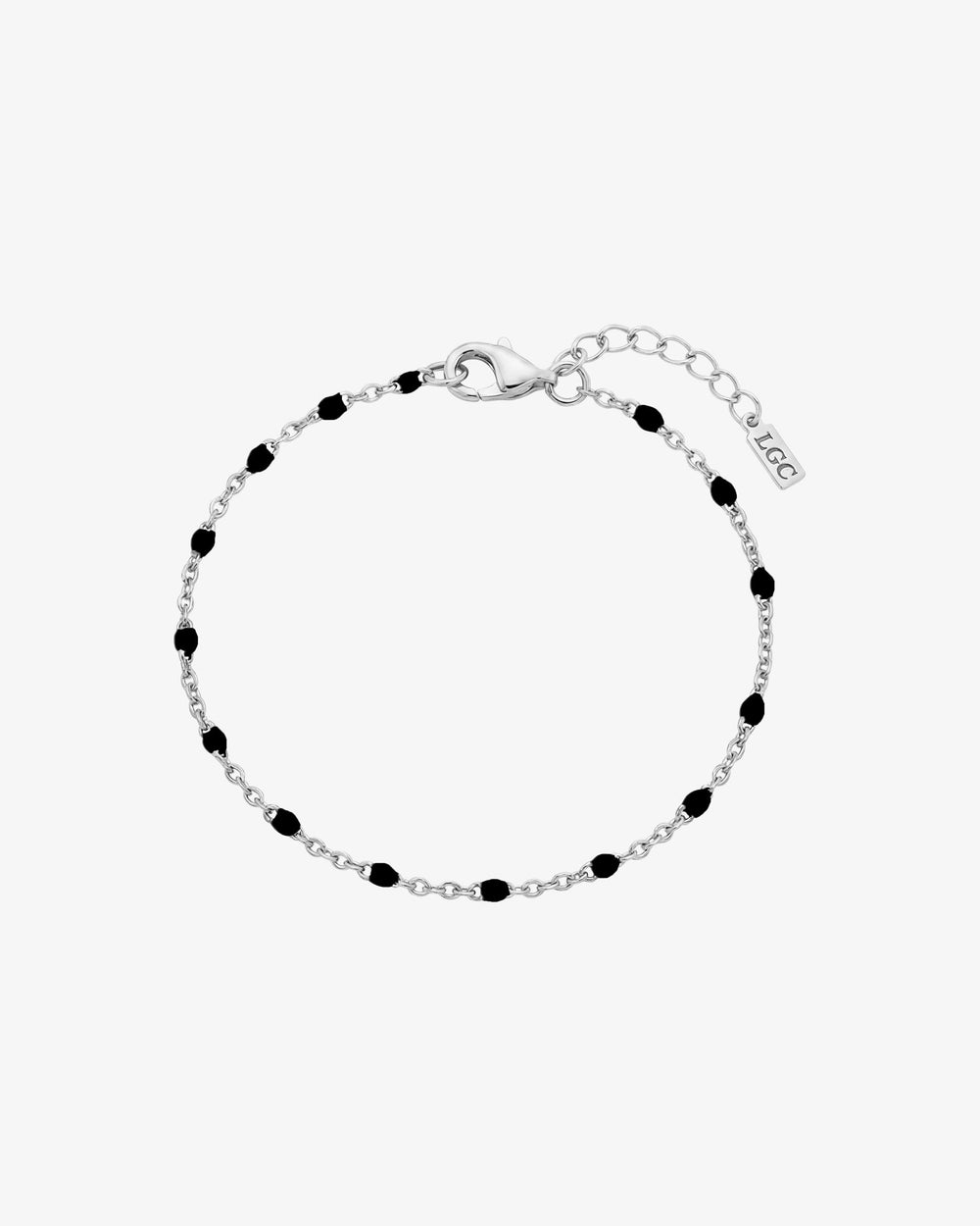 GEM silver bracelet with black beads along a silver chain and lobster clasp