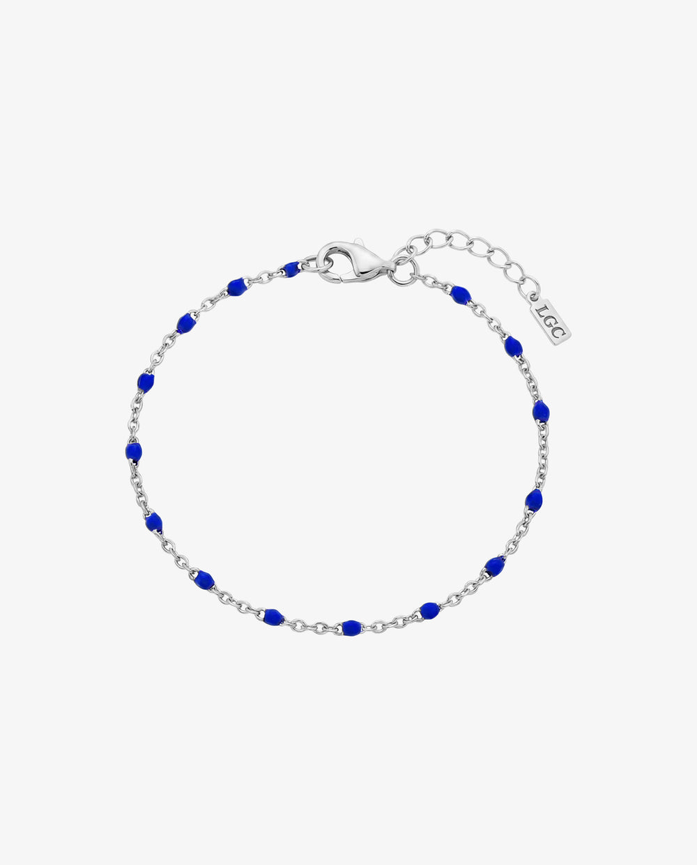 GEM silver bracelet with vivid blue beads along a silver chain and an adjustable lobster clasp