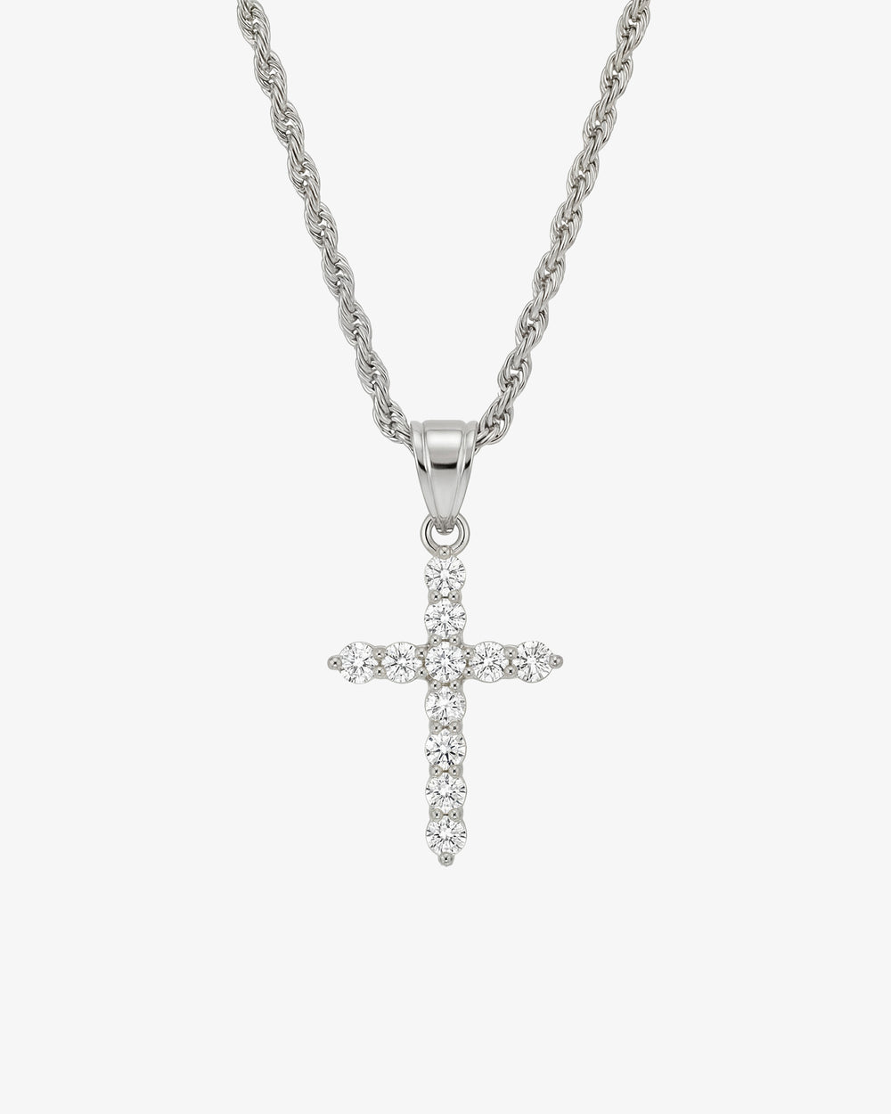 ICY CROSS silver necklace with a cross pendant encrusted with zircon crystals on a textured chain.