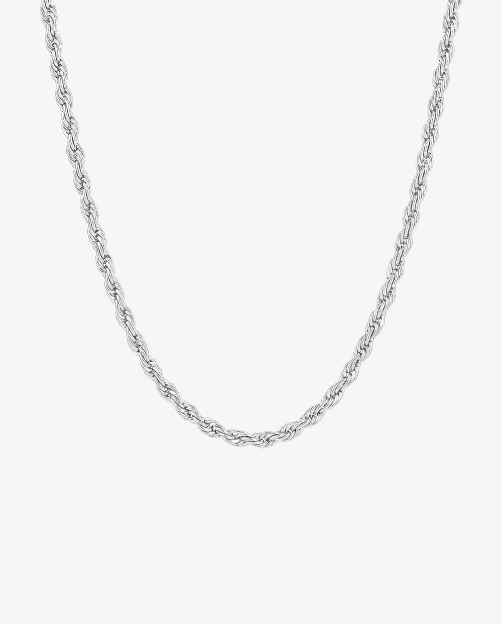 Lazio Silver Chain rope necklace, 3 mm wide, shown close up against a pale background