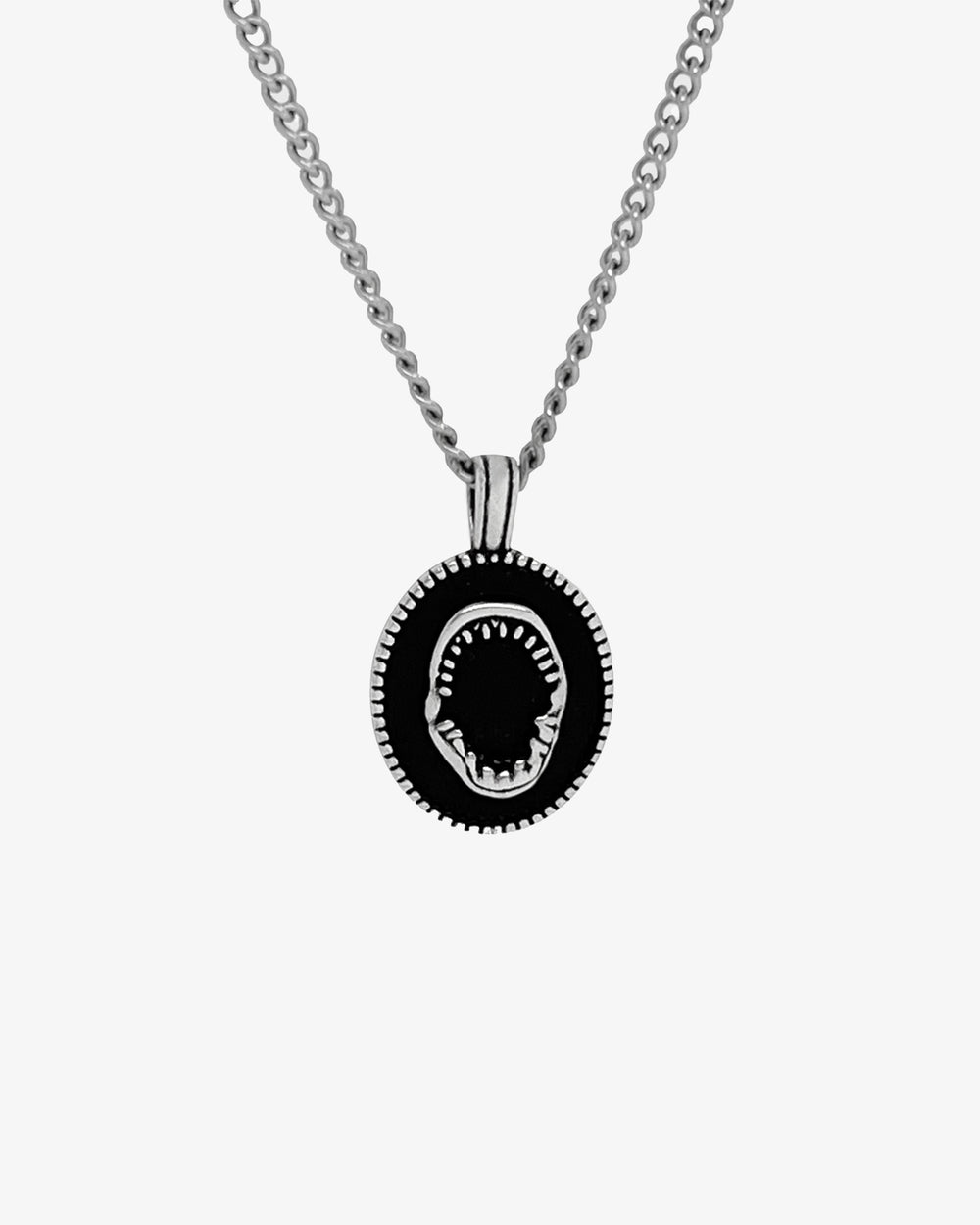 Lombok silver shark jaw pendant necklace with black center on chain