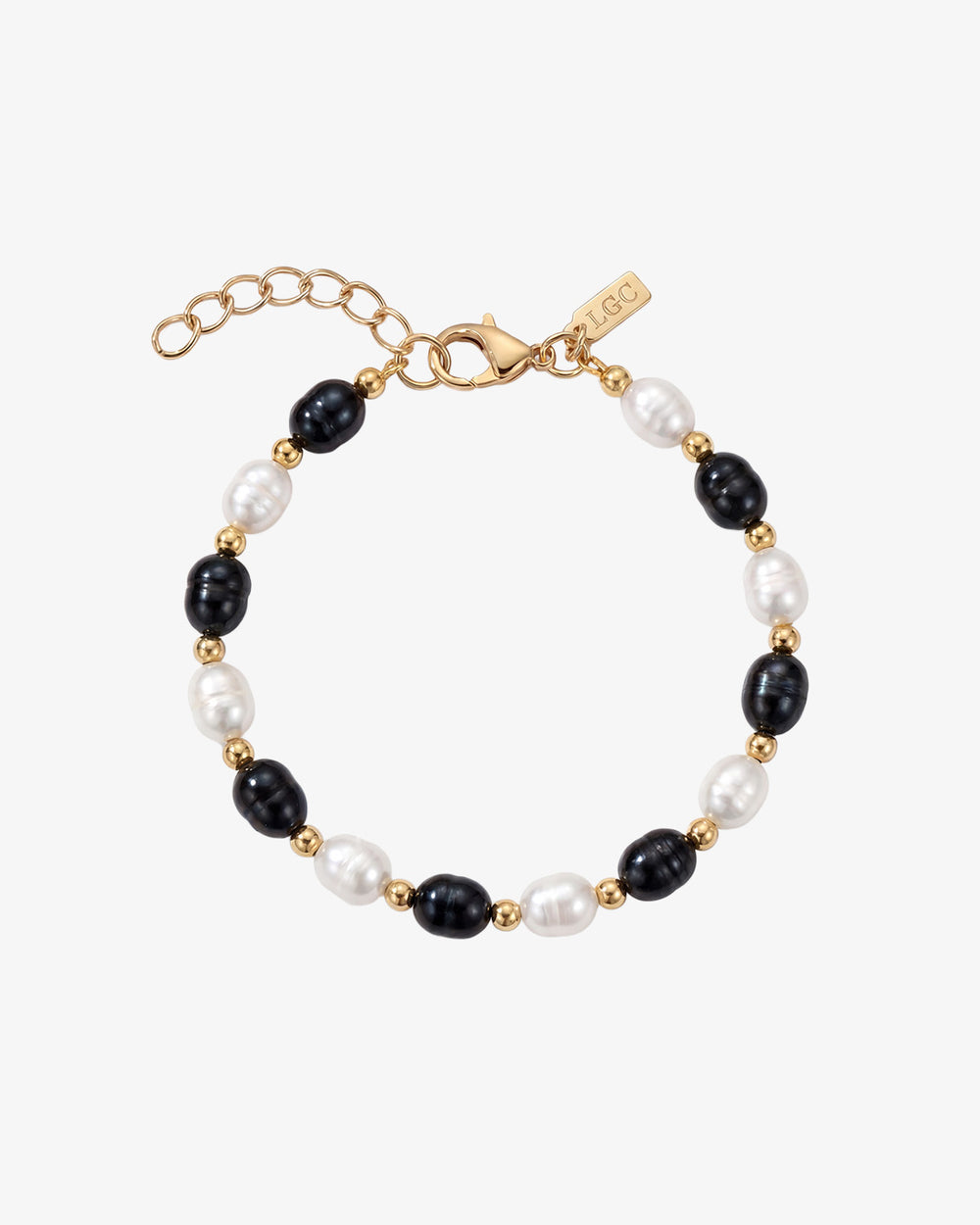 MELASTI Perlenarmband mit karibischen Süßwasserperlen in Schwarz und Weiß und goldenen Perlen an einer verstellbaren 17 cm Kette