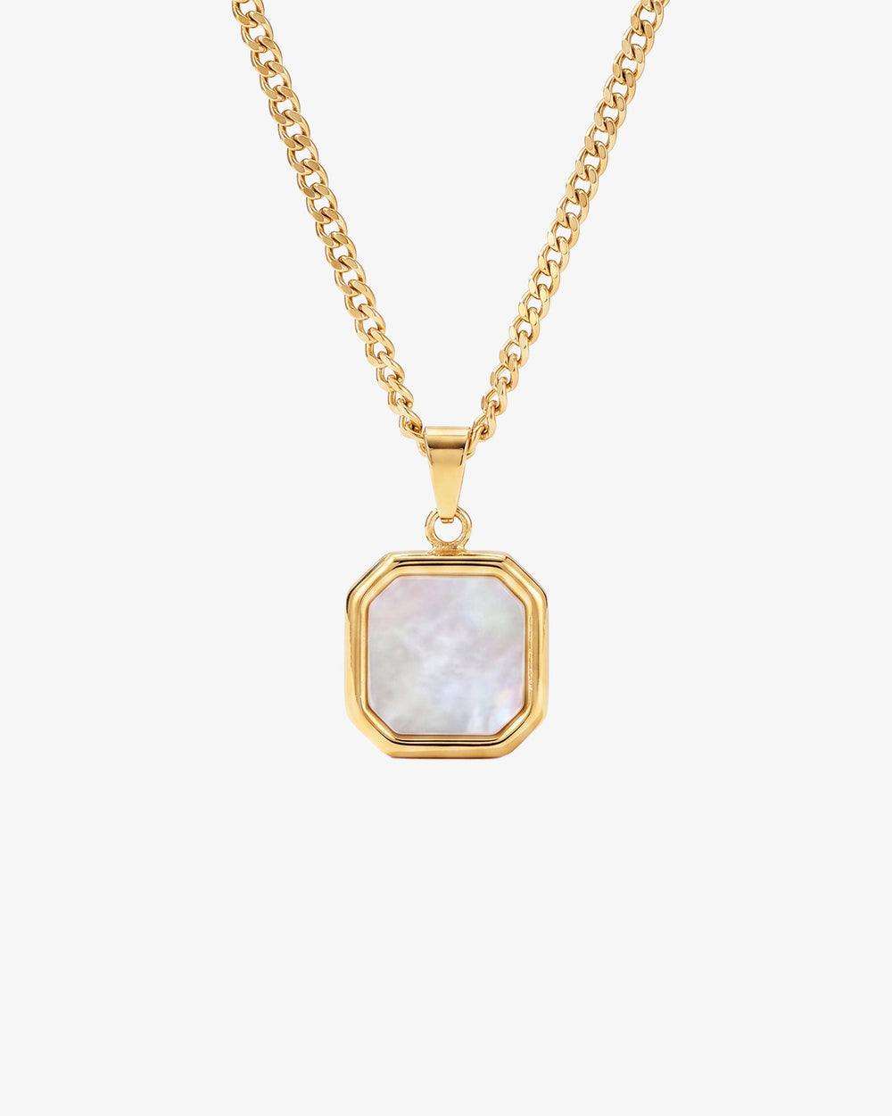 Nova Gold necklace with a gold octagonal pendant set with iridescent mother of pearl on a matching chain