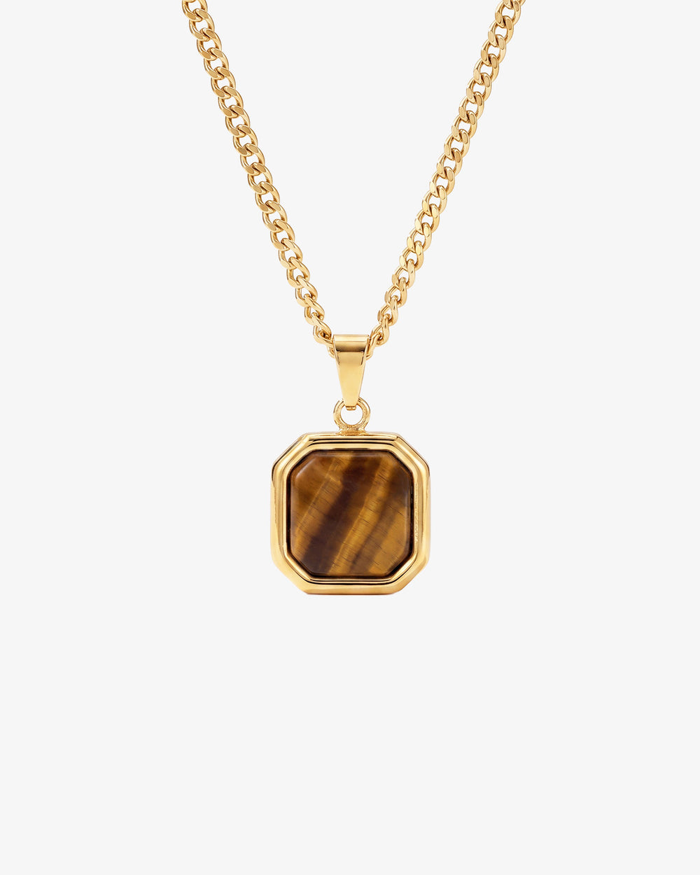 NOVA GOLD NECKLACE close-up of an octagonal tiger eye stone pendant on a gold chain