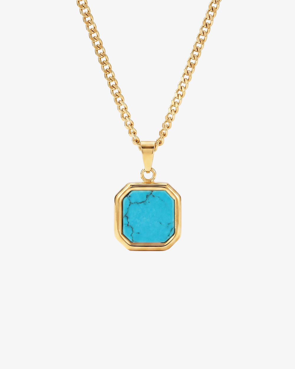 Nova Gold Necklace featuring a turquoise square pendant on a thick gold chain against white background.