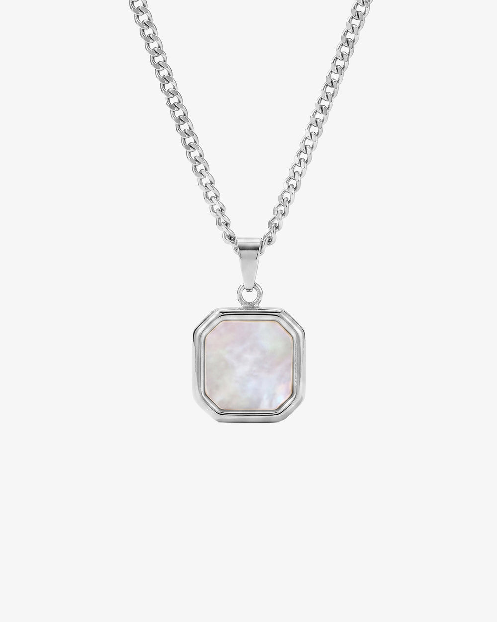 NOVA Silver Necklace pendant close up with iridescent mother of pearl stone set in a geometric silver frame
