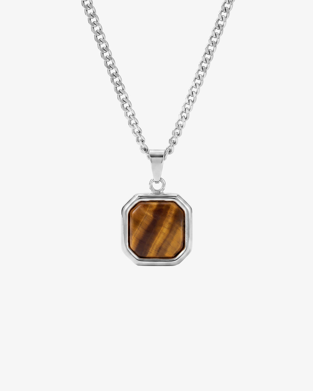 Nova Silver Necklace with a chunky curb chain and octagonal tiger's eye pendant