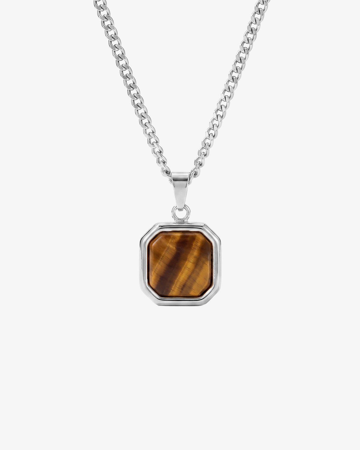 Nova Silver Necklace with a chunky curb chain and octagonal tiger's eye pendant