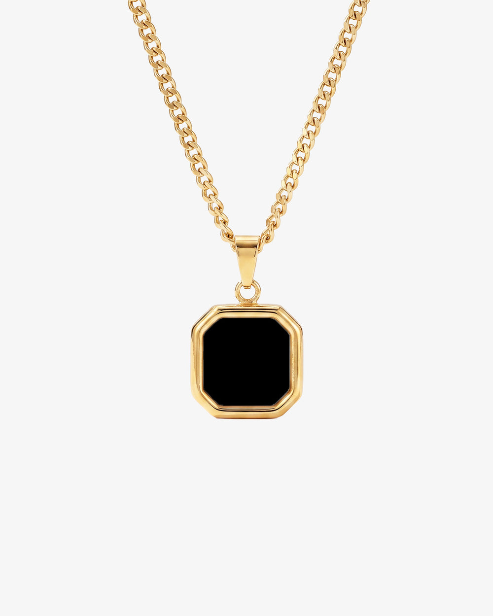 NOVA GOLD NECKLACE with an octagonal black onyx pendant on a chunky gold chain