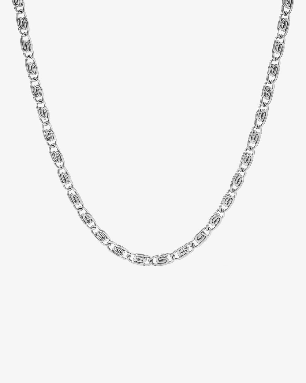 NUSA silver chain close up showing bold square link necklace against a white background