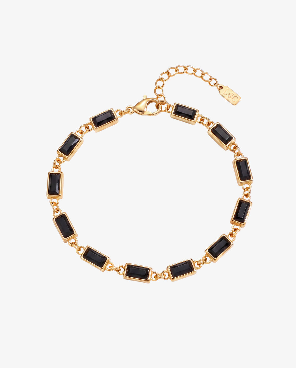 Gold bracelet with black rectangular stones linked along a chain