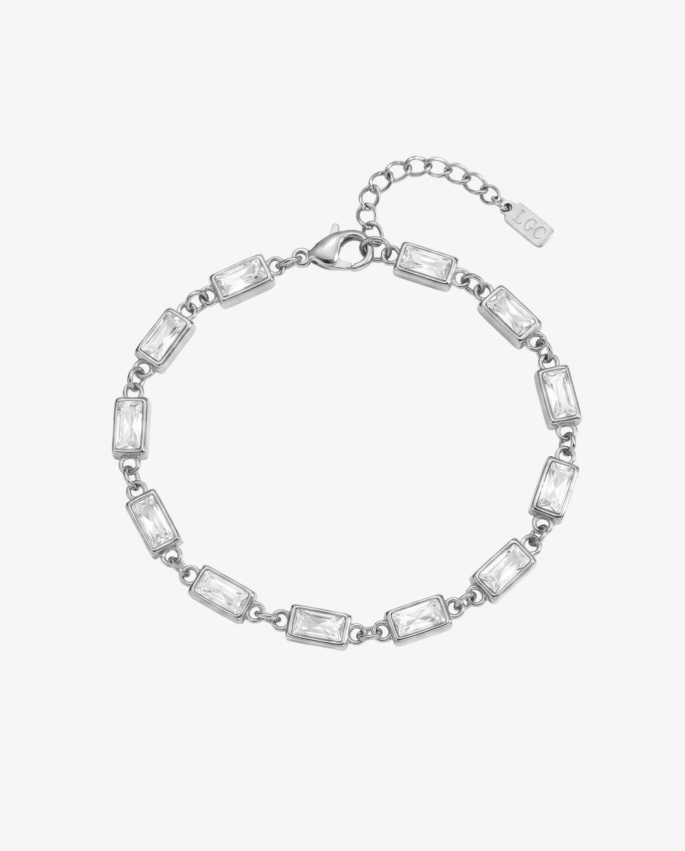 OMEN Silver Bracelet with rectangular clear stones and an extension chain