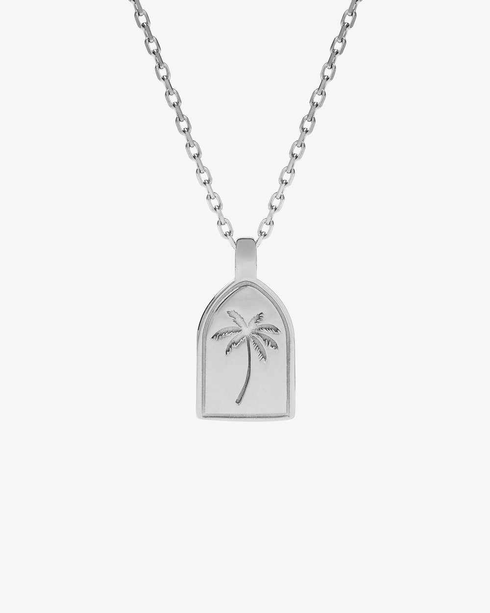 Palm Silver Necklace with a palm tree pendant on a black shirt; chain length 50 cm plus 5 cm adjustable